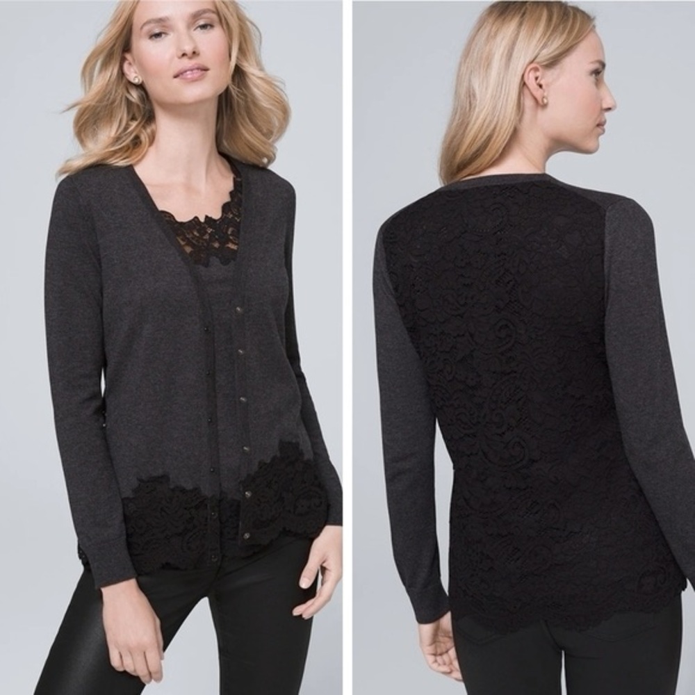 (A6) White‎ House Black Market Gray & Black Lace Back Cardigan Sweater Top S